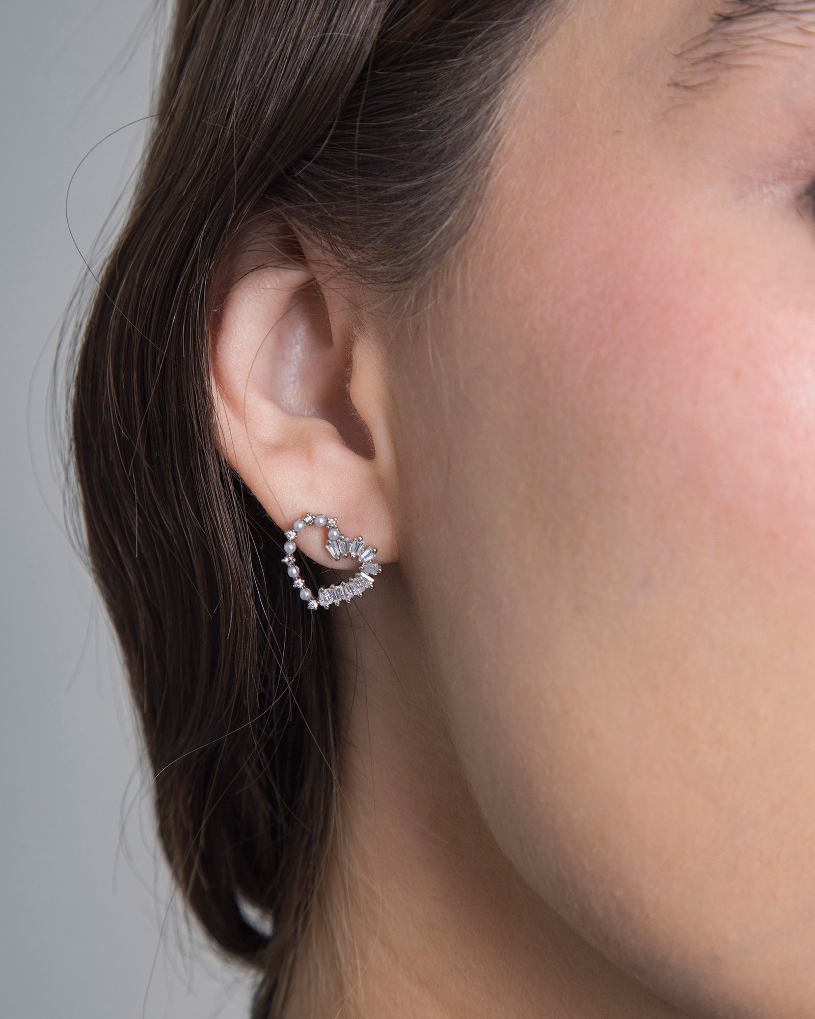 Hearted Silver Baguette Studs