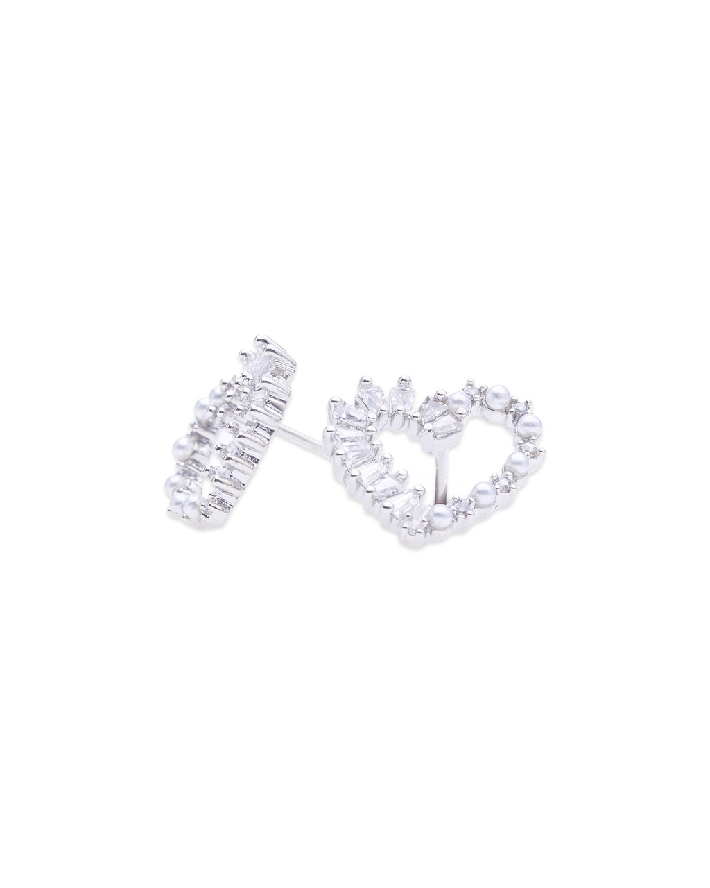 Hearted Silver Baguette Studs