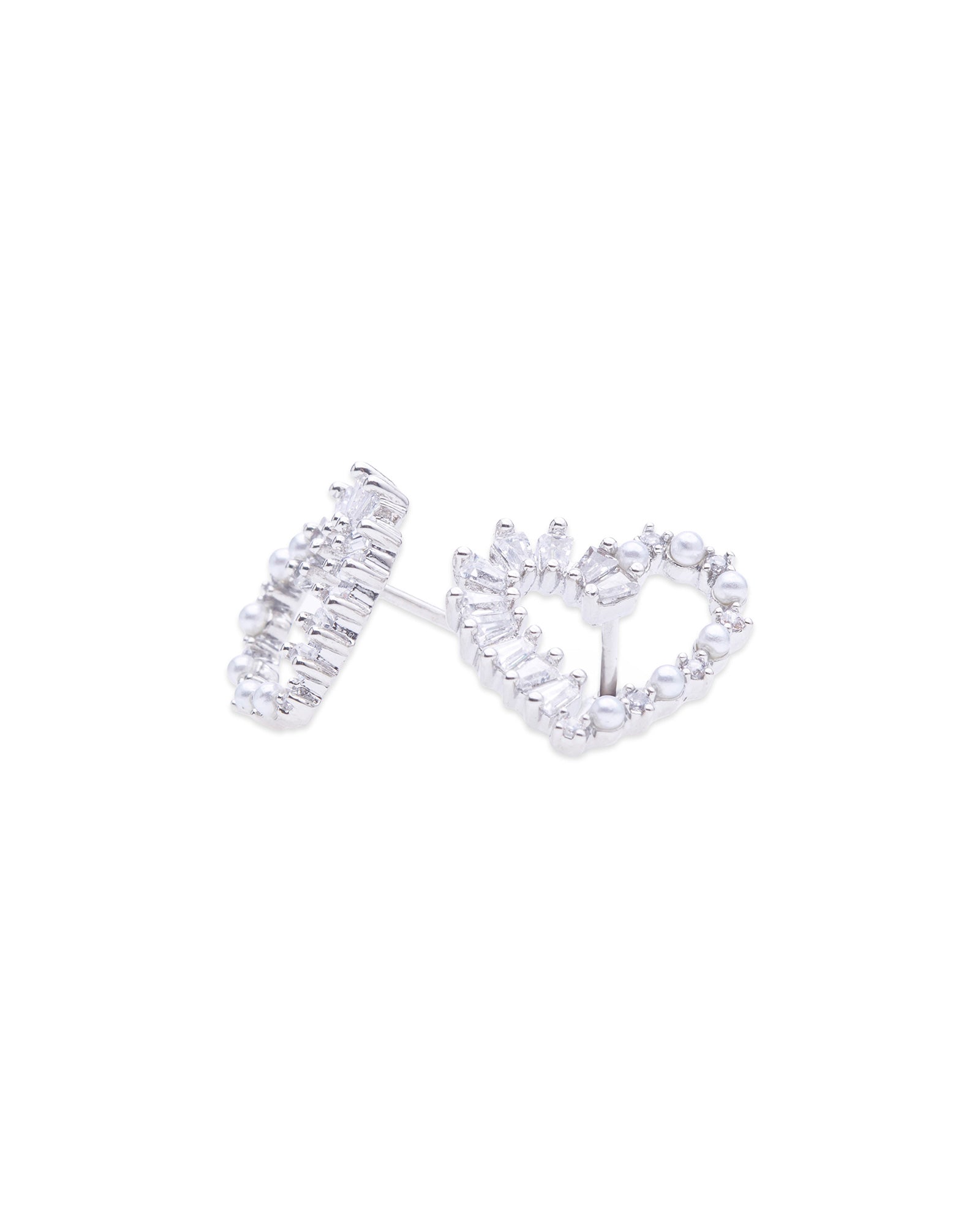 Hearted Silver Baguette Studs